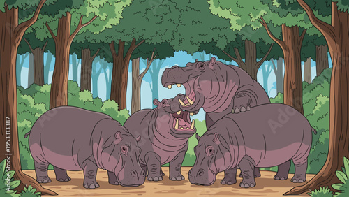 Group of hippos with open mouths stands in a tropical forest clearing surrounded by tall trees and lush jungle vegetation.
