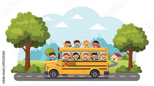 Bright yellow school bus filled with happy children drives along a country road through a beautiful landscape of mountains and trees.