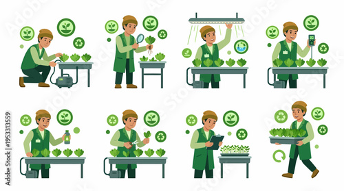 Hydroponic Farming: Farmer Caring for Plants in Vertical Garden