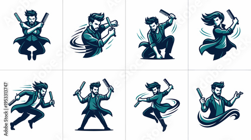 Man with Barber Clippers, Dynamic Poses, Pixel Art Style