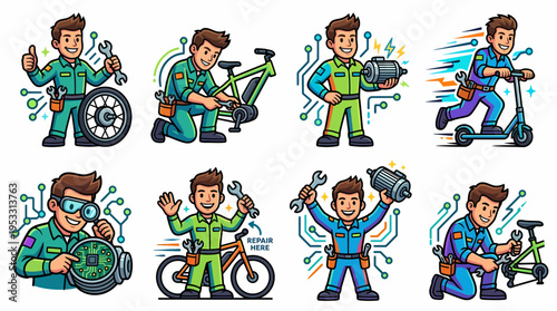 Mechanic cartoon characters repairing electric bike and scooter
