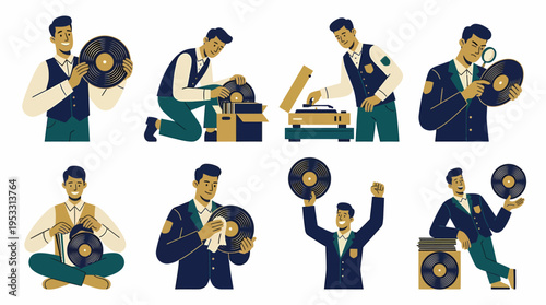 Man with Vinyl Records, Retro Music Collection and Listening