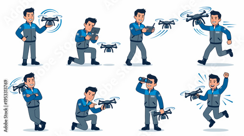 Man Operating Drone, Multiple Actions, Vector Illustration