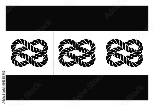 Black and white of three infinity knots on a white background with black bars