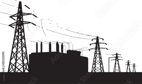 Black silhouette of power plant and transmission towers