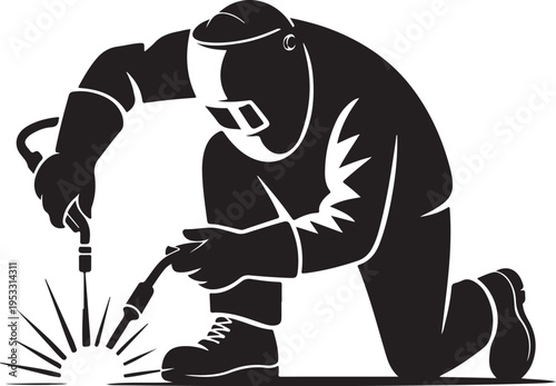 Black silhouette of welder kneeling and welding metal