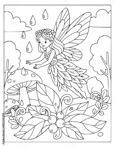  Coloring page featuring a whimsical garden sprite flying over forest mushrooms