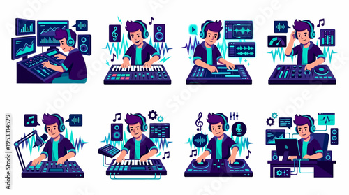 Young DJ Producing Music with Headphones and Equipment