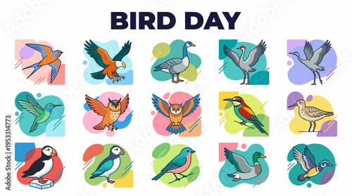 Bird Day Collage: Diverse Bird Species Illustration