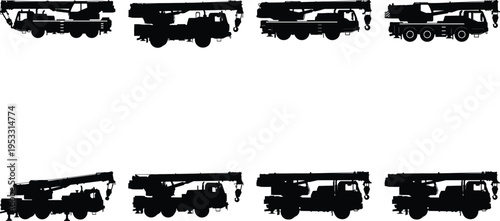 Collection of eight detailed black vector silhouettes showcasing various mobile cranes with booms retracted, ready for heavy construction work and industrial operations.