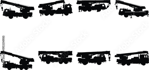 Dynamic set of eight black vector silhouettes showcasing mobile cranes with booms fully extended and raised, ready for demanding construction tasks.