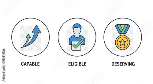 Flat design icons for capable, eligible, and deserving concepts.