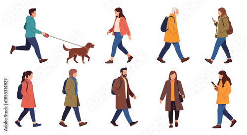 a group of people walking in different directions.