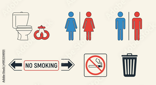 Public restroom and smoking prohibition signs.