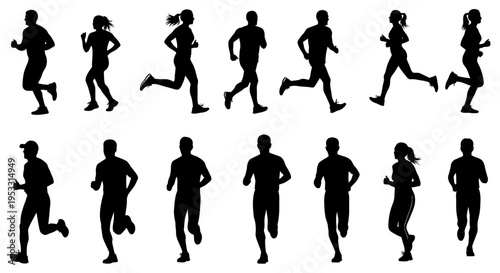 Collection of diverse people running silhouettes.