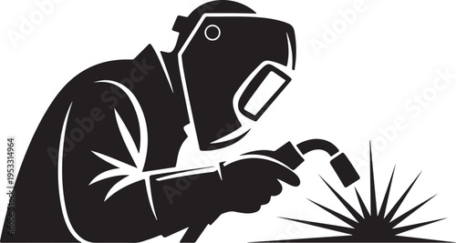 Black silhouette of welder wearing protective gear welding metal