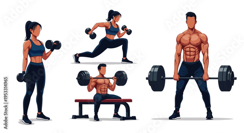 People engaging in various weightlifting exercises.