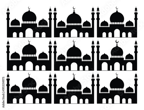 Black Silhouette Mosques Pattern on White Background