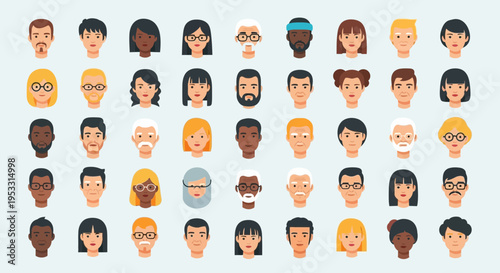 Diverse group of cartoon faces illustration.