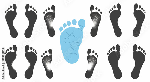 A blue foot print surrounded by black foot prints.