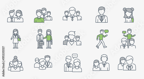 Line icons of business people interacting.