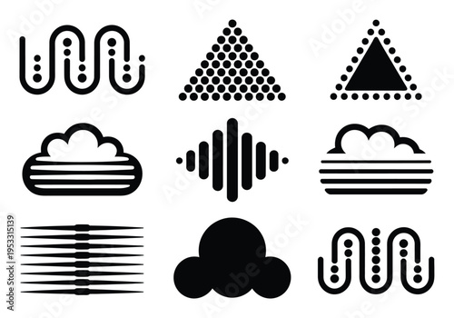 Collection of Abstract Black and White Waves, Clouds, Triangles, and Sound Waves