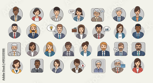 Diverse business people cartoon icons set.