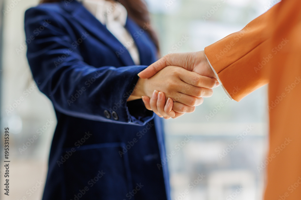 Fototapeta premium A focused handshake takes place in a bright office setting, symbolizing a crucial step in professional networking and relationship building.