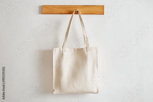 Blank white canvas tote bag hanging on a wooden hook against a plain wall for mockup purposes.