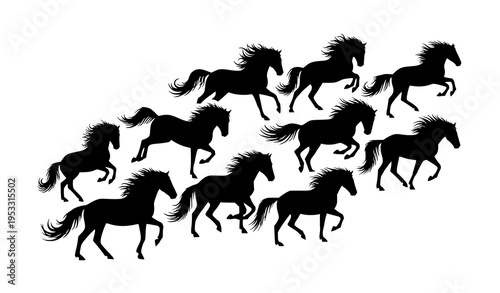 Dynamic horse silhouettes running and jumping vector illustration with powerful motion animal shapes isolated on white background