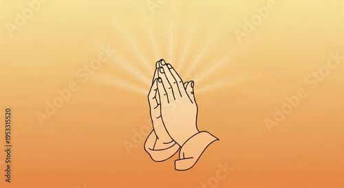 Praying hands in orange gradient background with sun rays symbolizing hope and spirituality