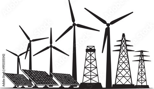 Black silhouette of wind turbines and power lines with solar panels