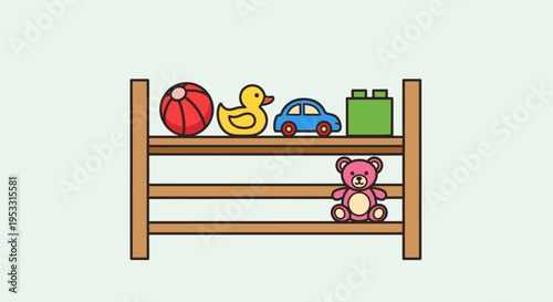 Childrens Toys on Wooden Shelf Illustration.