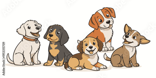 Five adorable cartoon puppies in a mixed breed set with playful expressions and simple outlined features for a delightful design.