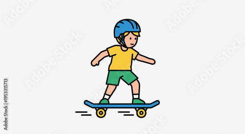 Young Boy Riding Skateboard Wearing Helmet.