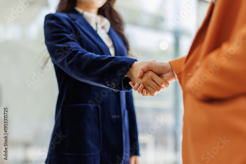 Quadro su tela Two professional women exchange a handshake in a contemporary office setting, showcasing trust, collaboration, and the spirit of partnership in their meeting