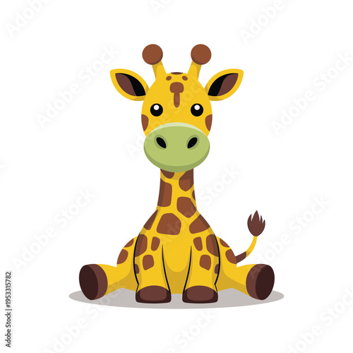 Cartoon giraffe sitting on ground with green nose and brown spots vector illustration isolated on white background.