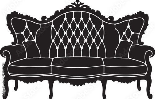 Black silhouette ornate sofa with white outline couch