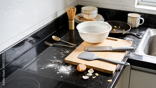 Cluttered black countertop with dirty dish, pan, utensil, flour and eggshell. Home cleaning concept, kitchen mess, chores, hygiene and housekeeping.