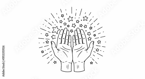 Hands cupped together with stars and lines radiating symbolizing hope and positivity in a simple black line art style