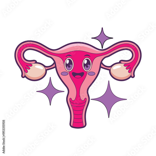 Cartoon of a smiling female reproductive system with ovaries and uterus and purple sparkles on white background