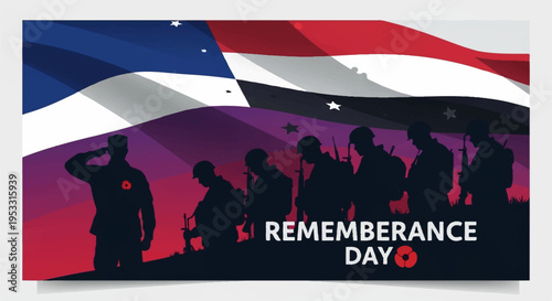 Silhouettes of soldiers on remembrance day with poppy and flag background