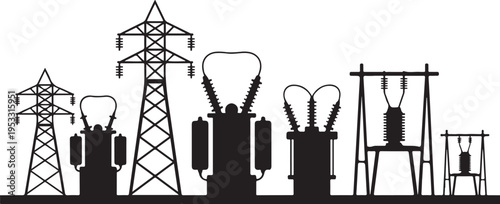 Black silhouette power transmission towers and electrical insulators
