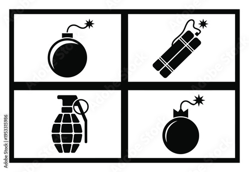 Collection of Four Black and White Representing Different Types of Explosives