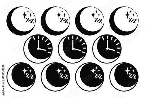 Collection of Sleep and Time Moon, Stars, Zzz, and Clocks