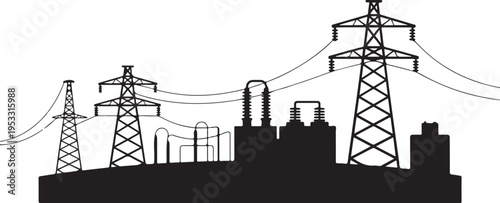 Black silhouette power transmission towers and industrial buildings