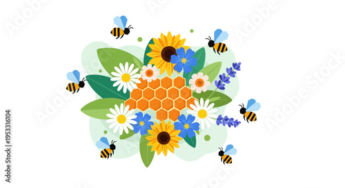 Bees Around Honeycomb With Flowers.