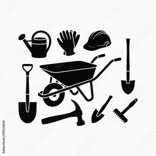 Gardening tools and equipment wheelbarrow shovel vector illustration isolated on white background.