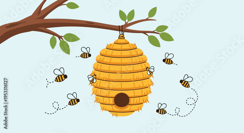 Bees flying around a beehive tree.