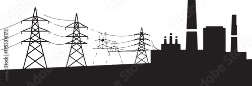 Black silhouette power transmission towers and industrial buildings 